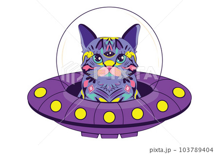 Purple alien cat in flying saucer 103789404