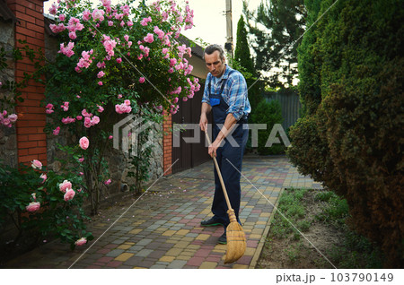 Full length portrait of a gardener man using broom, sweeps leaves and flower petals in the courtyard of a private house. Professional sweeper cleaning the backyard of a mansion. House maintenance Full length portrait of a gardener man using broom, sweeps leaves and flower petals in the courtyard of a private house. Professional sweeper cleaning the backyard of a mansion. House maintenance 103790149