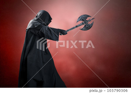 Dark knight with double headed battle axe over dark red misty background Dark knight with double headed battle axe over dark red misty background 103790306