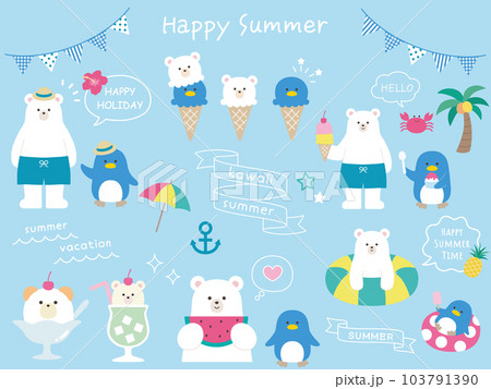 しろくまとペンギンのかわいい夏イラストセット 103791390