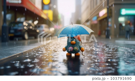 雨の日の街を傘を指して歩くカワイイ歩行者　AI生成画像 Cute pedestrian Rainy 103791690
