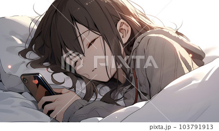 ベットでスマホを見ていたら、いつの間にか寝落ちしていた女性(Generative AI) ベットでスマホを見ていたら、いつの間にか寝落ちしていた女性(Generative AI) 103791913