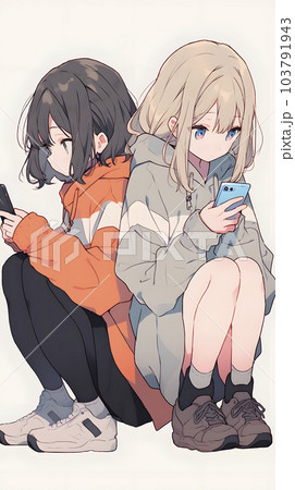 もゆ 2人 イラスト しゃがんでスマホに集中する女性二人（Generative AI）のイラスト素材