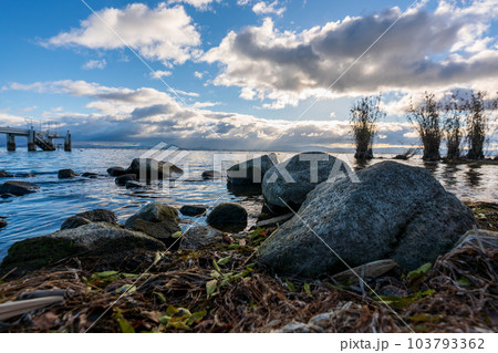 早朝の滋賀県大津市坂本城址公園か湖東の早朝風景 103793362
