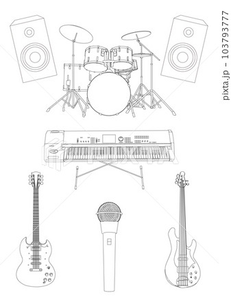 バンドで使う楽器の白黒線画イラストセット 103793777