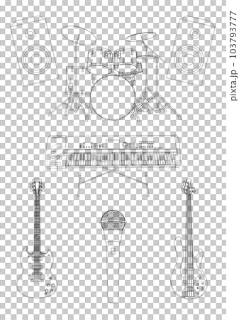 バンドで使う楽器の白黒線画イラストセット 103793777