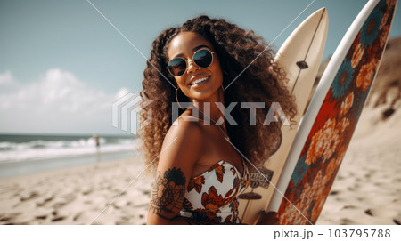 African American woman wearing a bikini in a beach setting - generative AI, AI generated 103795788
