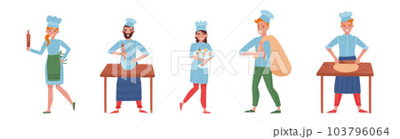 Man and Woman Baker Character in Apron and Toque Baking Bread and Pastry Vector Set 103796064