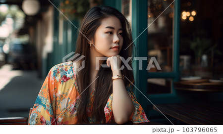 Smiling young asian woman sitting on a bench in front of as European-style cafe - generative AI, AI generated 103796065