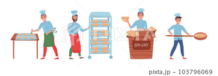 Man Baker Character in Apron and Toque Baking Bread and Pastry Vector Set Man Baker Character in Apron and Toque Baking Bread and Pastry Vector Set 103796069