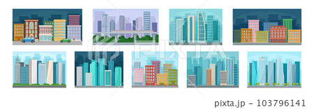 Day and Night Cityscape with Buildings and Urban View Vector Set Day and Night Cityscape with Buildings and Urban View Vector Set 103796141