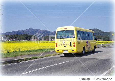 黄色の車体の広域生活バスが満開の菜の花畑の見える郊外の県道を走っている光景（イラスト風） 103798272