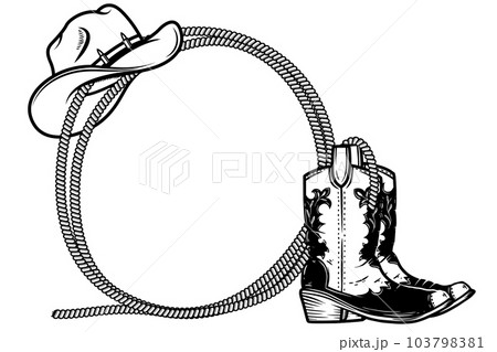 Frame from rope with cowboy boots and hat in engraving style. Design element for poster, card, banner, sign. Vector illustration Frame from rope with cowboy boots and hat in engraving style. Design element for poster, card, banner, sign. Vector illustration 103798381