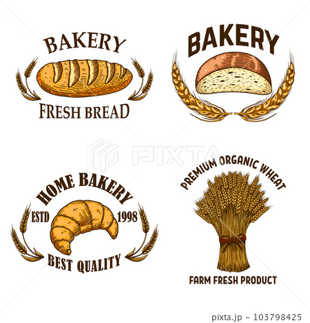 Bakery. Set of emblems with bread in engraving...のイラスト素材 [103798425 ...