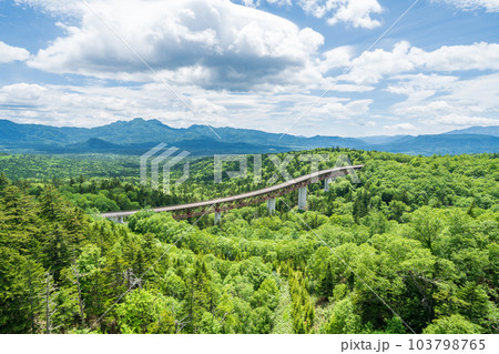 「北海道」三国峠 糠平国道の松見大橋と大雪山系の山脈 「北海道」三国峠 糠平国道の松見大橋と大雪山系の山脈 103798765