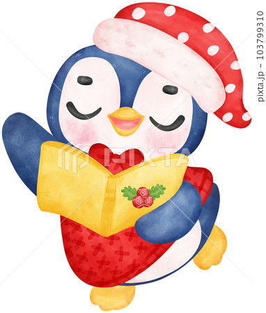 Cute adorable joyful christmas penguin caroler cartoon character watercolor hand drawing Cute adorable joyful christmas penguin caroler cartoon character watercolor hand drawing 103799310
