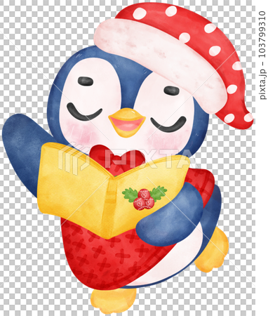 Cute adorable joyful christmas penguin caroler cartoon character watercolor hand drawing Cute adorable joyful christmas penguin caroler cartoon character watercolor hand drawing 103799310