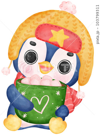 Cute adorable joyful christmas penguin caroler cartoon character watercolor hand drawing 103799311