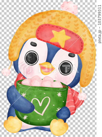 Cute adorable joyful christmas penguin caroler cartoon character watercolor hand drawing 103799311