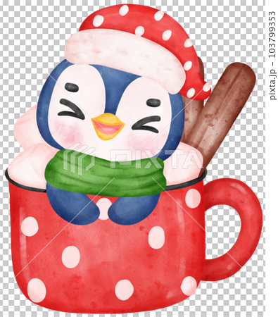 Cute adorable Christmas Penguin in hot choco cup  cartoon character watercolor hand drawing 103799353