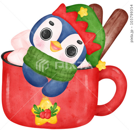 Cute adorable Christmas Penguin in hot choco cup cartoon character watercolor hand drawing Cute adorable Christmas Penguin in hot choco cup cartoon character watercolor hand drawing 103799354