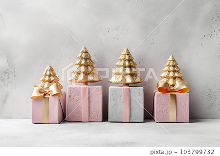 Christmas decoration and pink gift boxes with pink bowsr. Generative AI 103799732