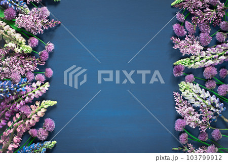 Floral blue background, frame with fresh flowers Floral blue background, frame with fresh flowers 103799912