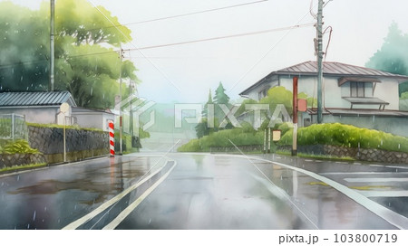 雨の地方都市の道路_2　Generative AI 103800719