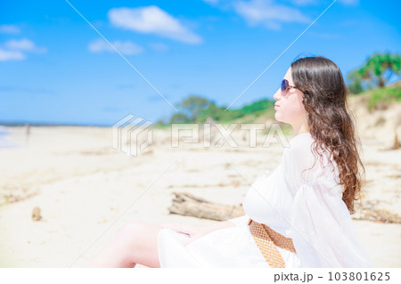 砂浜に座る白い服を着たサングラスをかけた女の子 砂浜に座る白い服を着たサングラスをかけた女の子 103801625