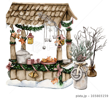 Christmas market with sweets in snow.Watercolor hand drawn illustration. Winter holiday. Christmas market with sweets in snow.Watercolor hand drawn illustration. Winter holiday. 103803159