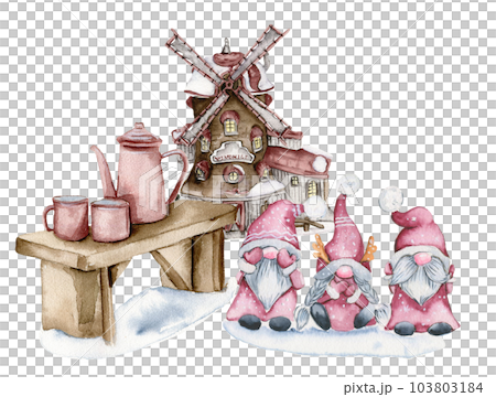 Composition of a windmill and gnomes in the snow. Watercolor hand drawn illustration. Composition of a windmill and gnomes in the snow. Watercolor hand drawn illustration. 103803184