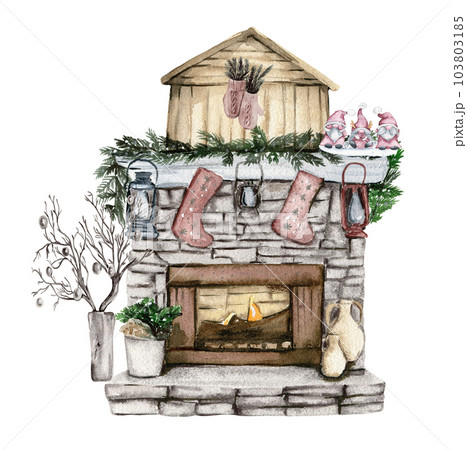 Fireplace with Christmas decor. Socks for sweets. Watercolor hand drawn illustration. Winter holiday. Fireplace with Christmas decor. Socks for sweets. Watercolor hand drawn illustration. Winter holiday. 103803185