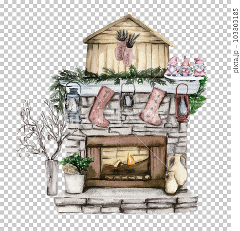 Fireplace with Christmas decor. Socks for sweets. Watercolor hand drawn illustration. Winter holiday. Fireplace with Christmas decor. Socks for sweets. Watercolor hand drawn illustration. Winter holiday. 103803185