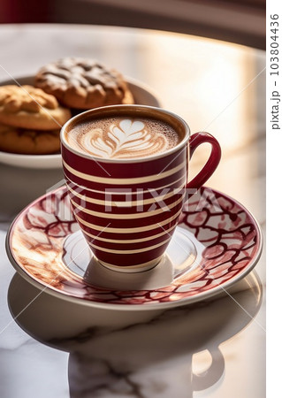 Cup of coffee with milk and some biscuits on a table Illustration AI Generative 103804436