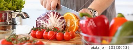 Cook cuts vegetables and fruits with knife on salad on board Cook cuts vegetables and fruits with knife on salad on board 103806532