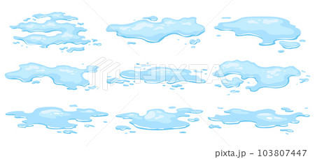 Water spill puddles set. Blue liquid various shape in flat cartoon style. Clean fluid drop design elements isolted on white background 103807447