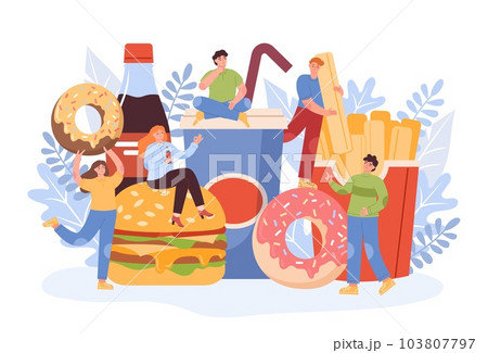 People and fast food, burger and french fries, cold soda beverage. Fat characters drink and eat tasty fastfood meal, delicious sweet donuts. Tiny men and women. Vector cartoon flat illustration 103807797