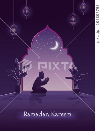Ramadan Kareem pray. Eid Mubarak, Muslim Islam prayer, man in night, iftar fasting at home, window arch and traditional lantern. Arab religion holidays. Banner or card. Vector illustration 103807798