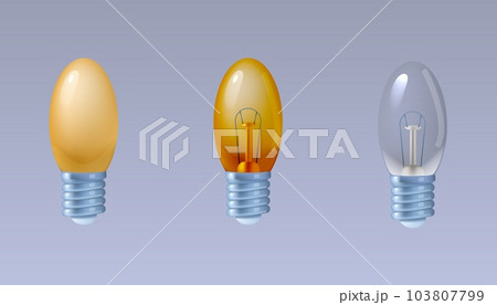 3d bulb, lamp light. Idea and innovation icon, lightbulb yellow and transparent, brain education or inspiration render, glowing electric glass, think symbol. Vector isolated illustration 103807799