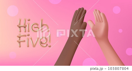 3D hands. Characters greeting. High five. Hi gesture. Friendship or multiracial persons team. Happy communication. Slapping arms in agreement. Palms touch. Vector cartoon illustration 103807804