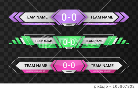 Lower third bar. Soccer match title. Basketball vs sport scoreboard. Game score template. Goals statistic. Playing time and athletic team name. Vector tournament display layouts set Lower third bar. Soccer match title. Basketball vs sport scoreboard. Game score template. Goals statistic. Playing time and athletic team name. Vector tournament display layouts set 103807805
