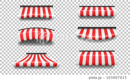 3d awning. Store roof or window canopy, red and white striped textile, food shop, farmers market or cafe tent. Building exterior isolated elements different forms. Vector realistic icon 103807815