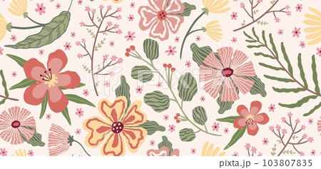 Spring flower pattern. Floral chinese print, abstract simple dahlia, trendy chrysanthemum, pastel cute azalea. Simple plants. Decor textile, wrapping paper, wallpaper, vector seamless background 103807835