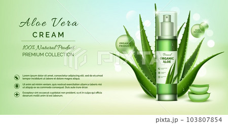 Plants cosmetic ad. Aloe vera cream. Skincare organic essence bottle. Herbal leaves. Beauty product. Face moisturizer. Promotion background design. Vector advertising banner template Plants cosmetic ad. Aloe vera cream. Skincare organic essence bottle. Herbal leaves. Beauty product. Face moisturizer. Promotion background design. Vector advertising banner template 103807854