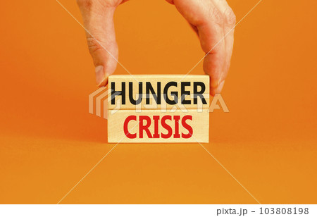 Hunger crisis symbol. Concept words Hunger crisis on wooden blocks on a beautiful orange table orange background. Businessman hand. Business, support and Hunger crisis concept. Copy space. 103808198