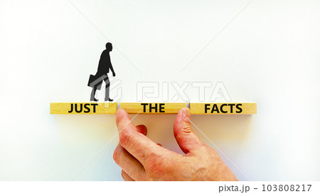Just the facts symbol. Concept words Just the facts on wooden blocks on a beautiful white table white background. Businessman hand. Business and just the facts concept. Copy space. Just the facts symbol. Concept words Just the facts on wooden blocks on a beautiful white table white background. Businessman hand. Business and just the facts concept. Copy space. 103808217
