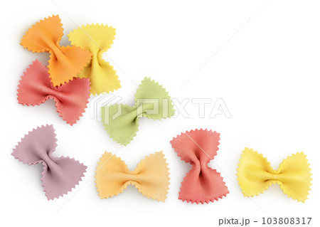 colorful farfalle pasta isolated on white background . Top view with copy space for your text. Flat lay. 103808317