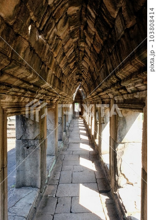 An architectural close-up of an ancient corridor with a stone vaulted ceiling. An architectural close-up of an ancient corridor with a stone vaulted ceiling. 103808414