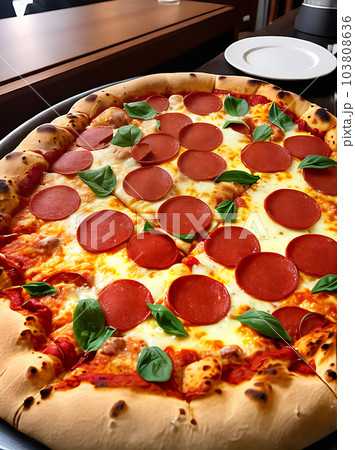 Realistic pizza cozy restaurant warm lighting. 103808636