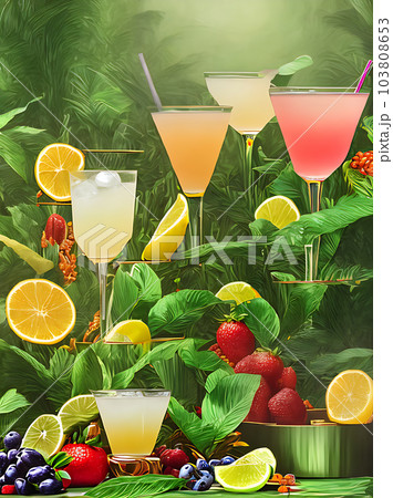 Neon jungle with cocktails fruit and shadows. Neon jungle with cocktails fruit and shadows. 103808653